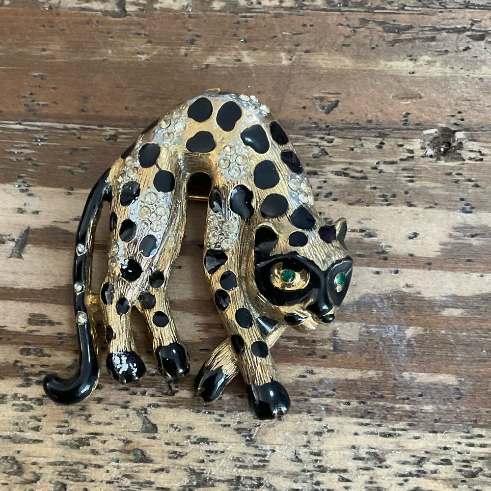 CRAFT SIGNED VINTAGE RHINESTONE LEOPARD BROOCH PIN JEWELRY‎